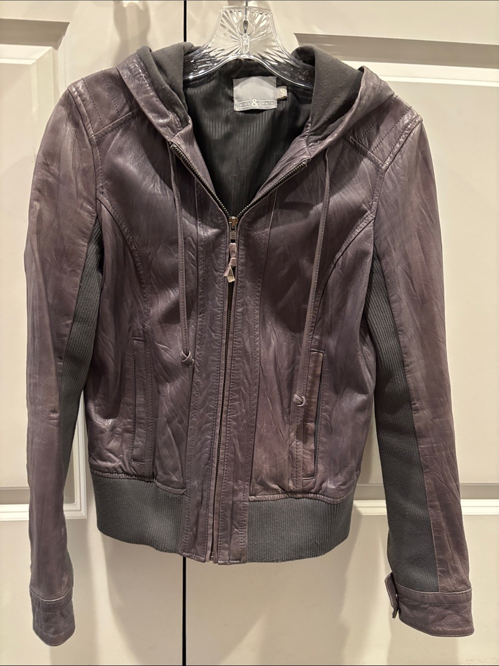 Mike & Chris Plum-Gray Leather Hooded Jacket with Ribbed Panels